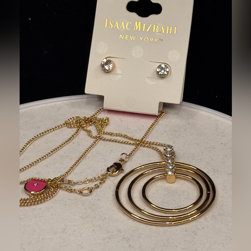 Isaac Mizrahi Gold Tone Triple Circle Pendant Necklace With Earrings 32-34”